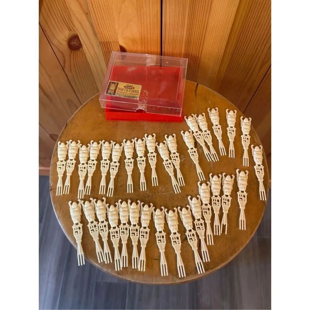 Pseudo IVORY Party Forks HAPPY BUDDHA Jeral Products Appetizer Fork USA 1960'S (